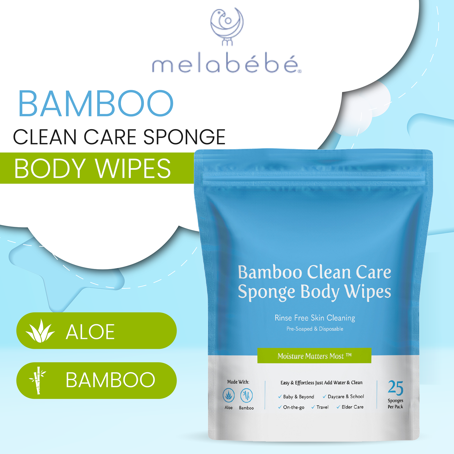 Bamboo Clean Care Sponge Body Wipes (1 pack of 25 wipes)